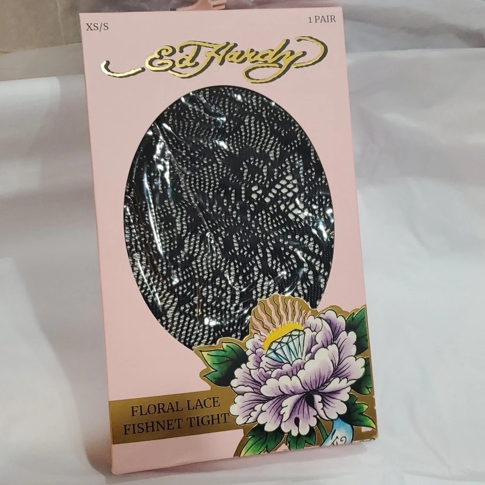 Ed‎ Hardy black floral lace fishnet tights stockings pantyhose size XS/S 1 pair